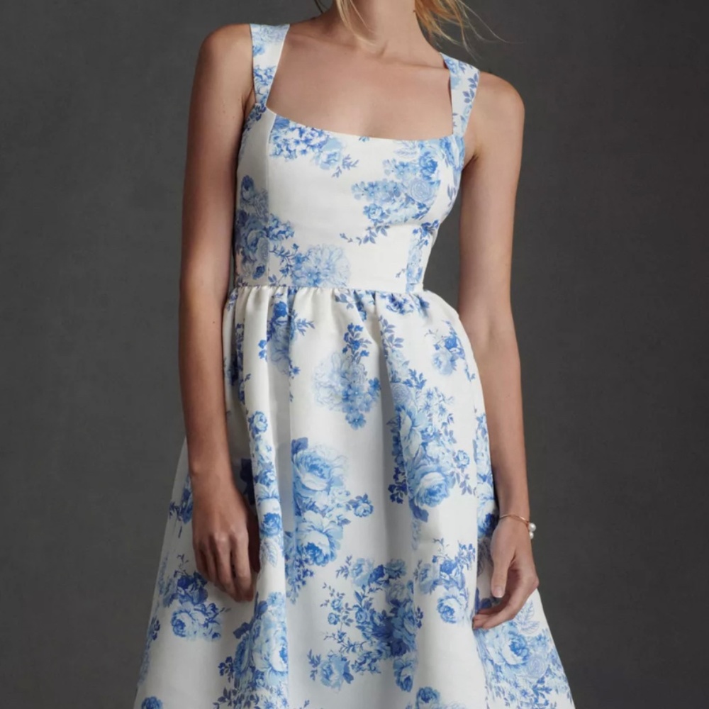 Sachin & Babi Blaine Chinoiserie Taffeta Square-Neck Midi Dress